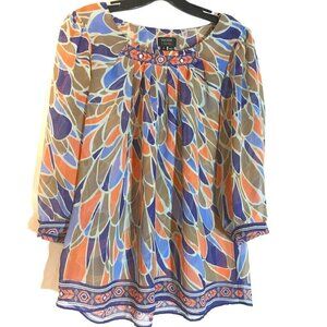 Nicole Miller Psychedelic Prairie Top Blouse Sheer Hippie Bohemian Size Small